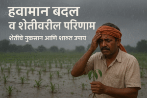 हवामान बदल व शेतीवरील परिणाम जाणून घ्या. अनियमित पाऊस, दुष्काळ, अतिवृष्टी, वाढते तापमान यामुळे शेतीचे नुकसान कसे होते आणि शाश्वत उपाययोजना कोणत्या आहेत याची सविस्तर माहिती वाचा.